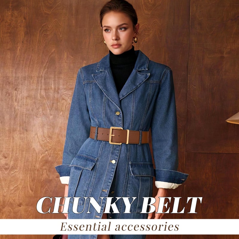 WERFORU Women Wide Belt for Dresses Thick Leather Belt with Big Gold Buckle Fahion Women Chunky Belt,Brown - Image 3