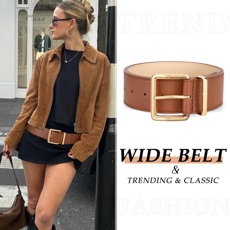 WERFORU Women Wide Belt for Dresses Thick Leather Belt with Big Gold Buckle Fahion Women Chunky Belt,Brown - Image 2