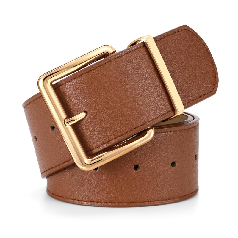 WERFORU Women Wide Belt for Dresses Thick Leather Belt with Big Gold Buckle Fahion Women Chunky Belt,Brown - Image 1