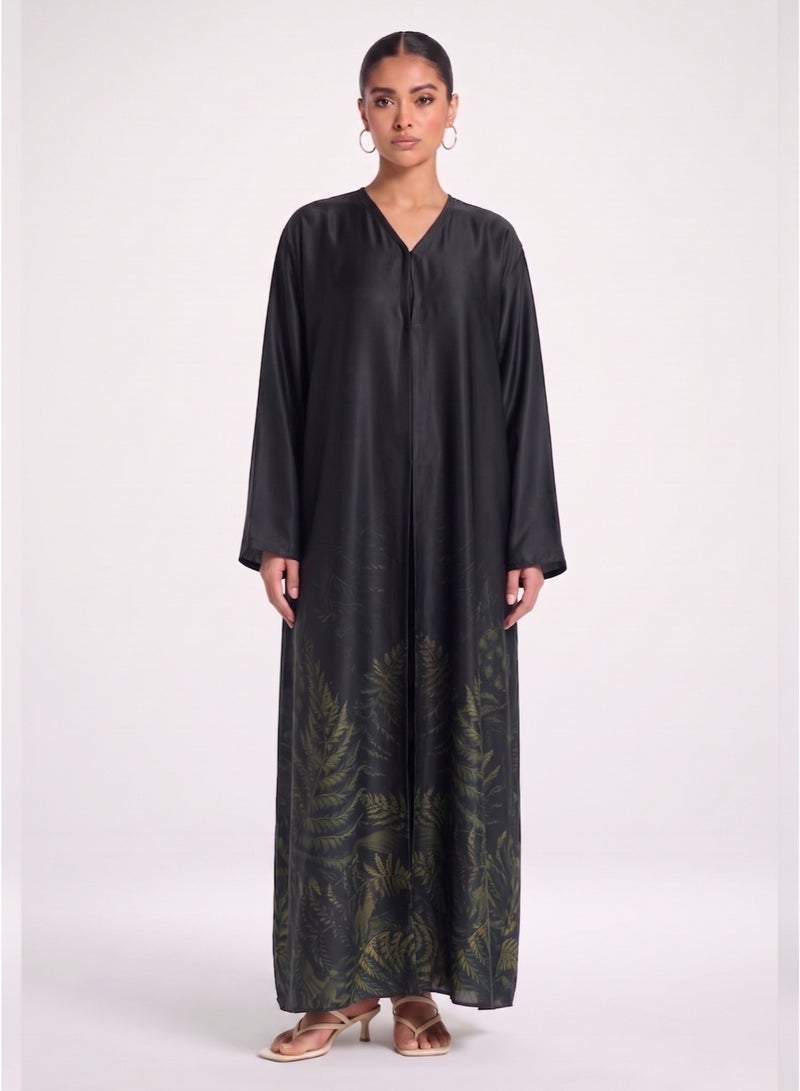 Next Abaya Luxury Botanical Fern Border Print Silk Closed Abaya Black and Green Maxi Dress - Image 1
