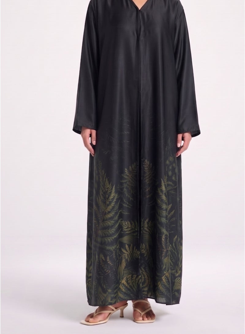 Next Abaya Luxury Botanical Fern Border Print Silk Closed Abaya Black and Green Maxi Dress - Image 2