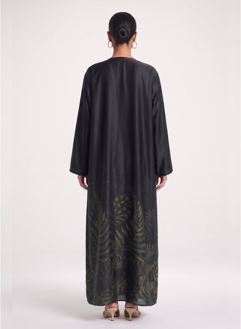 Next Abaya Luxury Botanical Fern Border Print Silk Closed Abaya Black and Green Maxi Dress - Image 3