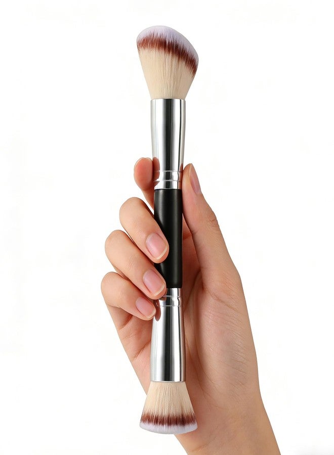 Dual-Ended Foundation & Powder Brush, 2 in 1 Large Flat/Angled Top Contouring Brush and Kabuki Brush for Flawless Makeup Tools Application of Liquid, Loose Powder, Cream, Blush