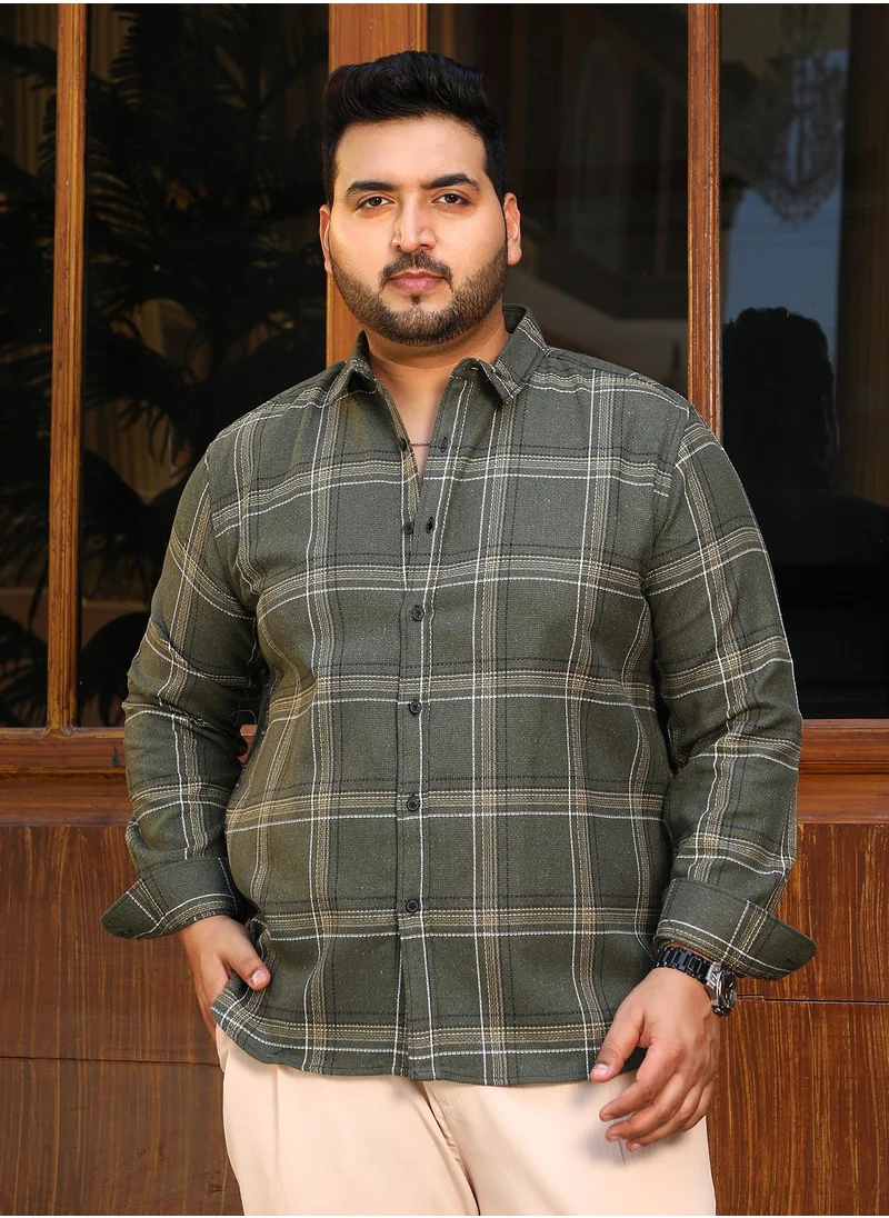 انستافاب بلس Instafab Plus Men's Olive Green Maxi Tartan Plaid Shirt For Casual Wear | Spread Collar | Long Cuffed Sleeves | Button Closure | Plus Size Shirt Crafted With Comfort Fit For Everyday Wear