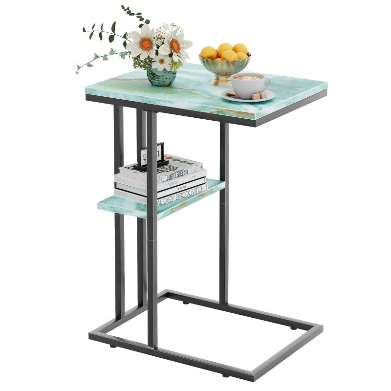 Katrawu C Shaped End Side Table, Couch Sofa Table for Small Space, Snack Table with Metal Frame, TV Tray Table for Bed, Living Room, Bedroom, Bedside(Sea Blue) - Image 1