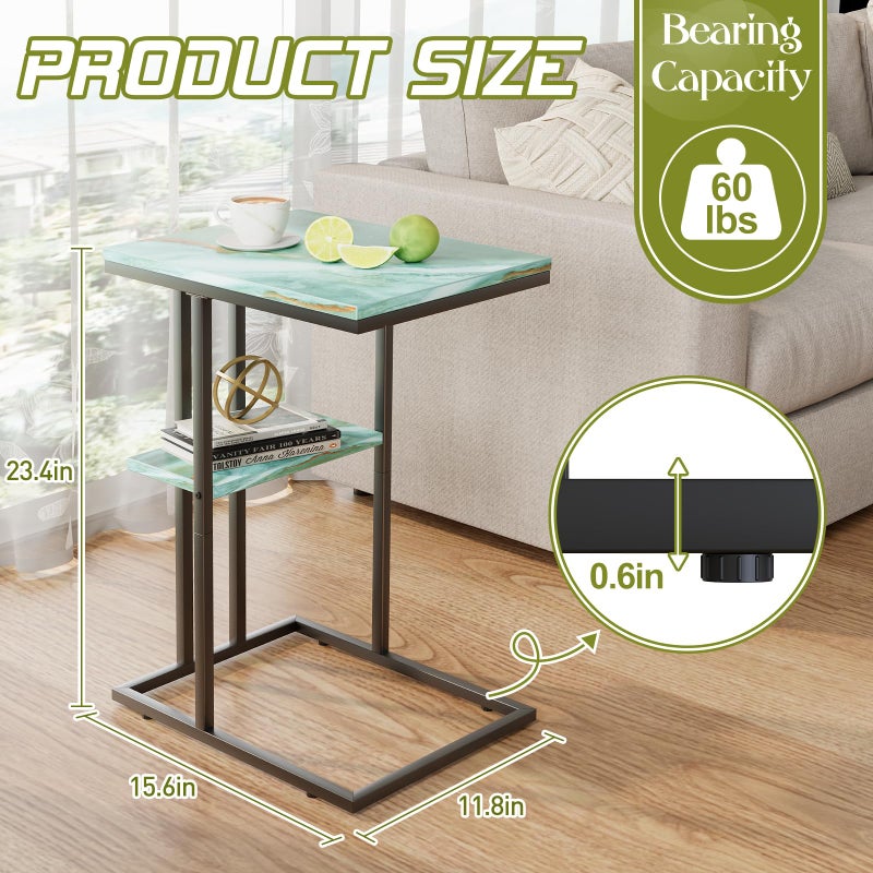 Katrawu C Shaped End Side Table, Couch Sofa Table for Small Space, Snack Table with Metal Frame, TV Tray Table for Bed, Living Room, Bedroom, Bedside(Sea Blue) - Image 2