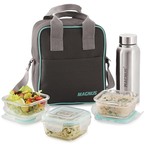 Magnus Vivid Glass Lunch Box with Vertical Pouch and Fixed Clip, 1 S S Bottle (700ml) and 3 Square Airtight, Leakproof, Microwave Safe Borosilicate Glass Containers, 320 ML Each - Image 1