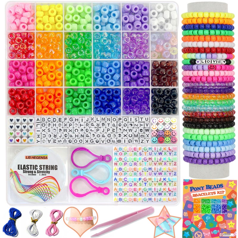 LIS HEGENSA Pony Beads BulkKandi Beads for Necklace Jewelry Making Hair BraidingBracelets Making KitsHair BeadBracelet Plastic Bead for Crafts Braids Girls24 Color1000PCS
