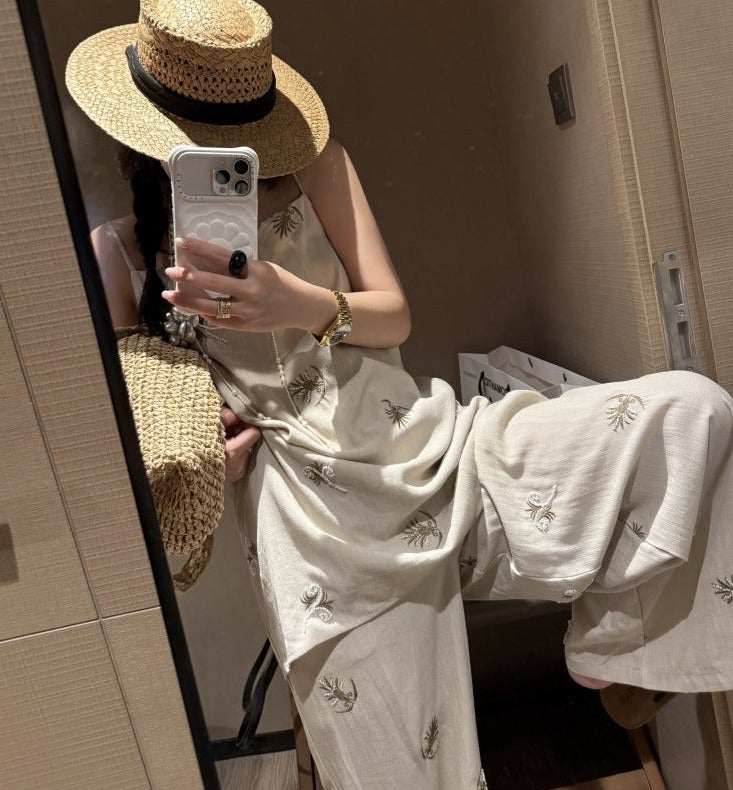 2026 Summer Heavy Beaded Embroidery Camisole Dress + Straight-Leg Pants Set for Women