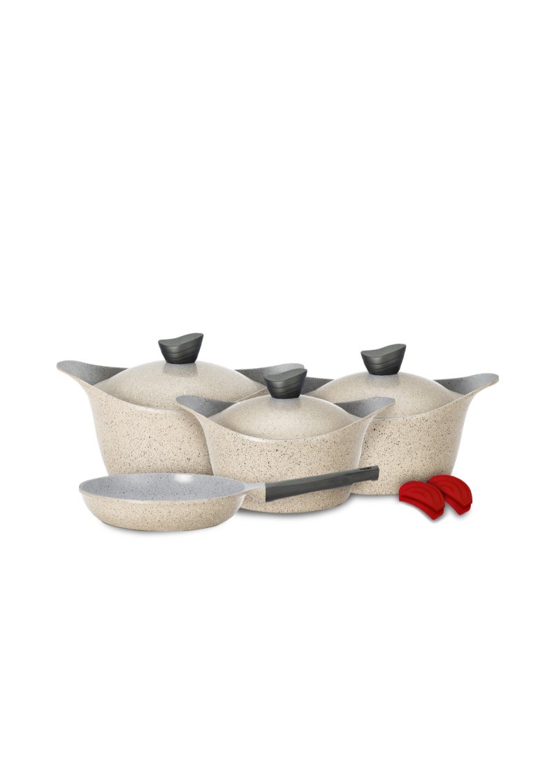 Badreig طقم أواني الطهي 9 قطع من الرخام البيج لا هويا – أواني طهي غير لاصقة متينة مع أغطية رخامية متطابقة ومقابض مقاومة للحرارة - Image 1