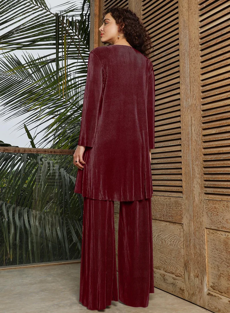 QISSA Women's Burgundy Red Solid Pleated Kurta Set For Ethnic Wear | Round Neck , Long Sleeves , Straight Hem | Solid Pleated Fabric | 2 Piece Kurta Set Designed For Casual & Daily Wear