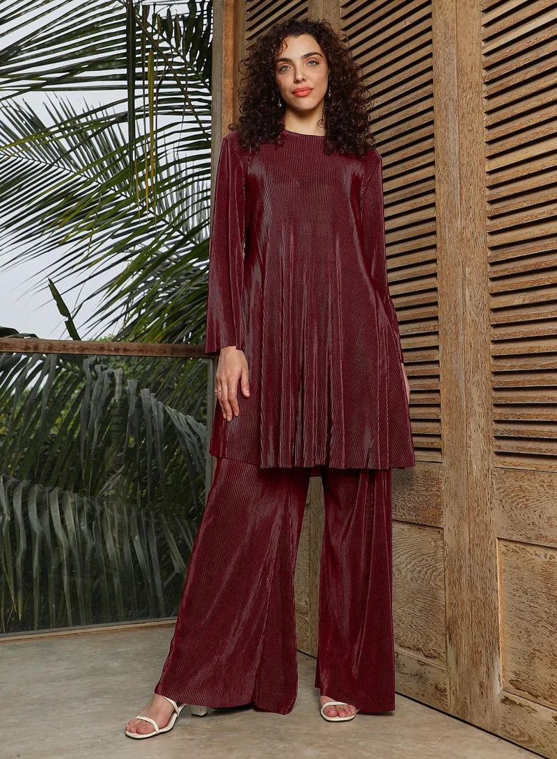 QISSA Women's Burgundy Red Solid Pleated Kurta Set For Ethnic Wear | Round Neck , Long Sleeves , Straight Hem | Solid Pleated Fabric | 2 Piece Kurta Set Designed For Casual & Daily Wear