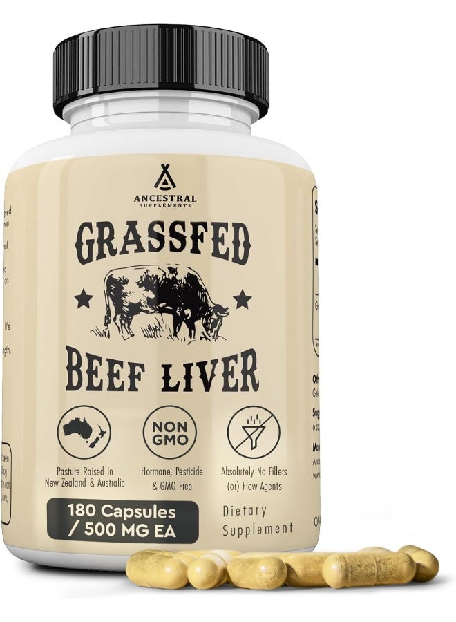 Ancestral Supplements Grass Fed Beef Liver Desiccated Natural Iron, Vitamin A, B12 for Energy (180 Capsules) - Image 1