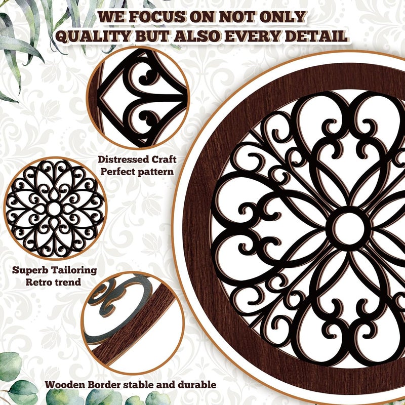 يوليجو Trendy economical quality 4 Pcs Thicken Rustic Wall Decor Farmhouse Kitchen Wall Round Art Wooden Hollow Carved Design Rustic Art for Living Room Bedroom Hallway Decor (15.7 x 15.7 Inch,Black, Brown) Repeated use trusted quality - Image 3