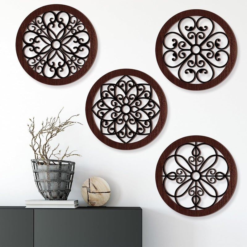 يوليجو Trendy economical quality 4 Pcs Thicken Rustic Wall Decor Farmhouse Kitchen Wall Round Art Wooden Hollow Carved Design Rustic Art for Living Room Bedroom Hallway Decor (15.7 x 15.7 Inch,Black, Brown) Repeated use trusted quality - Image 5