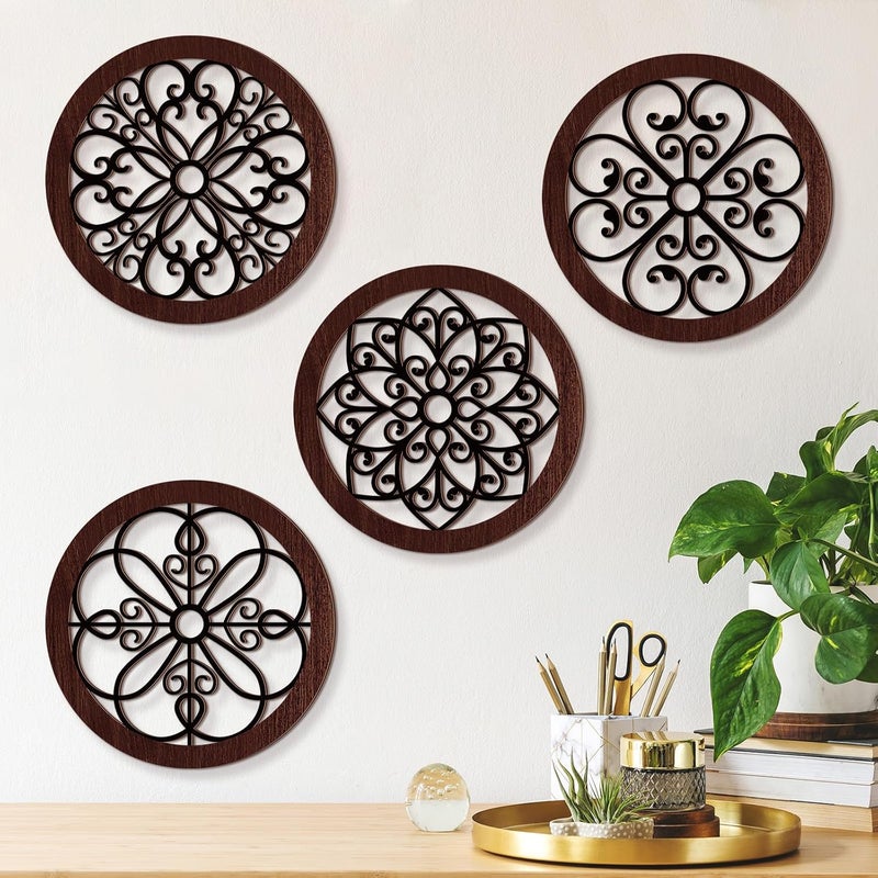 يوليجو Trendy economical quality 4 Pcs Thicken Rustic Wall Decor Farmhouse Kitchen Wall Round Art Wooden Hollow Carved Design Rustic Art for Living Room Bedroom Hallway Decor (15.7 x 15.7 Inch,Black, Brown) Repeated use trusted quality - Image 1