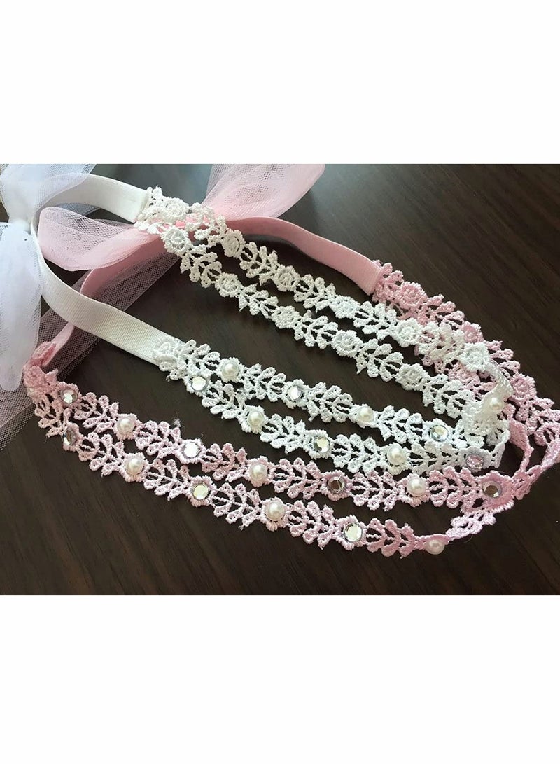 Excefore 2Pcs Baby Girl Super Elastic Headband,Cotton Lace Toddler Hair Band,Infant Soft Turban Hair Accessories Set（Pink/White） - Image 4