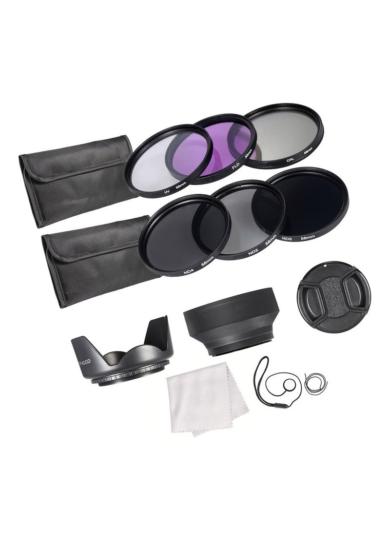 ANDOER - 58mm Lens Filter Kit UV+CPL+FLD+ND(ND2 ND4 ND8) with Carry Pouch / Lens Cap / Lens Cap Holder / Tulip & Rubber Lens Hoods / Cleaning Cloth - Image 1