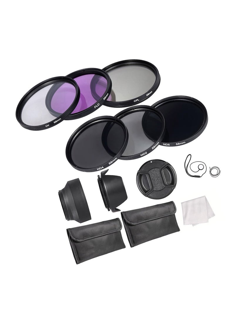 ANDOER - 58mm Lens Filter Kit UV+CPL+FLD+ND(ND2 ND4 ND8) with Carry Pouch / Lens Cap / Lens Cap Holder / Tulip & Rubber Lens Hoods / Cleaning Cloth - Image 1