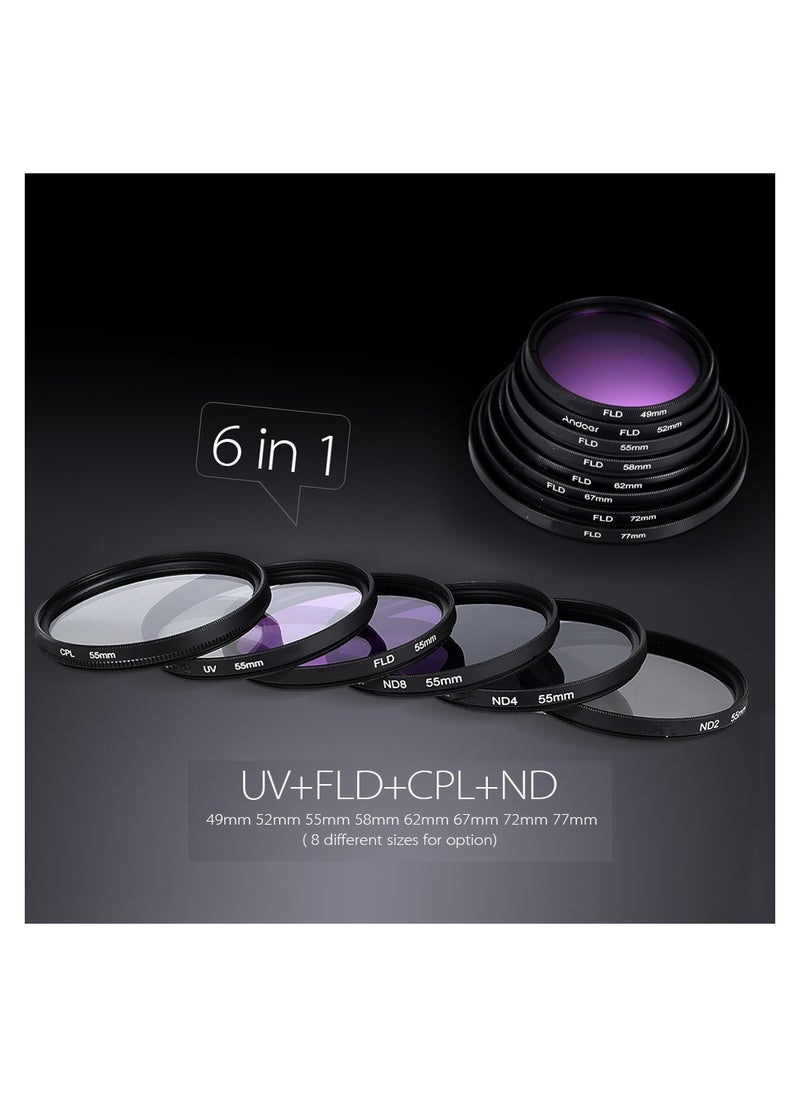 ANDOER - 58mm Lens Filter Kit UV+CPL+FLD+ND(ND2 ND4 ND8) with Carry Pouch / Lens Cap / Lens Cap Holder / Tulip & Rubber Lens Hoods / Cleaning Cloth - Image 1