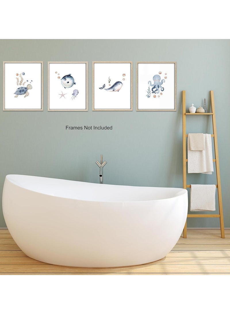 مؤسسة فكرة اليوم اليوم فكرة الحمام جدار الفن مجموعة من 4 | سلحفاة بحرية ، أخطبوط ، مطبوعات قماش الحوت | العمل الفني للمحيط الساحلي لغرفة النوم ، ديكور غرفة المعيشة 11x14 بوصة غير مؤطر - Image 3