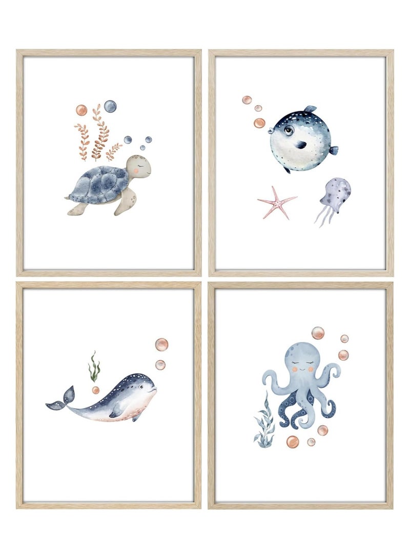 مؤسسة فكرة اليوم اليوم فكرة الحمام جدار الفن مجموعة من 4 | سلحفاة بحرية ، أخطبوط ، مطبوعات قماش الحوت | العمل الفني للمحيط الساحلي لغرفة النوم ، ديكور غرفة المعيشة 11x14 بوصة غير مؤطر - Image 1