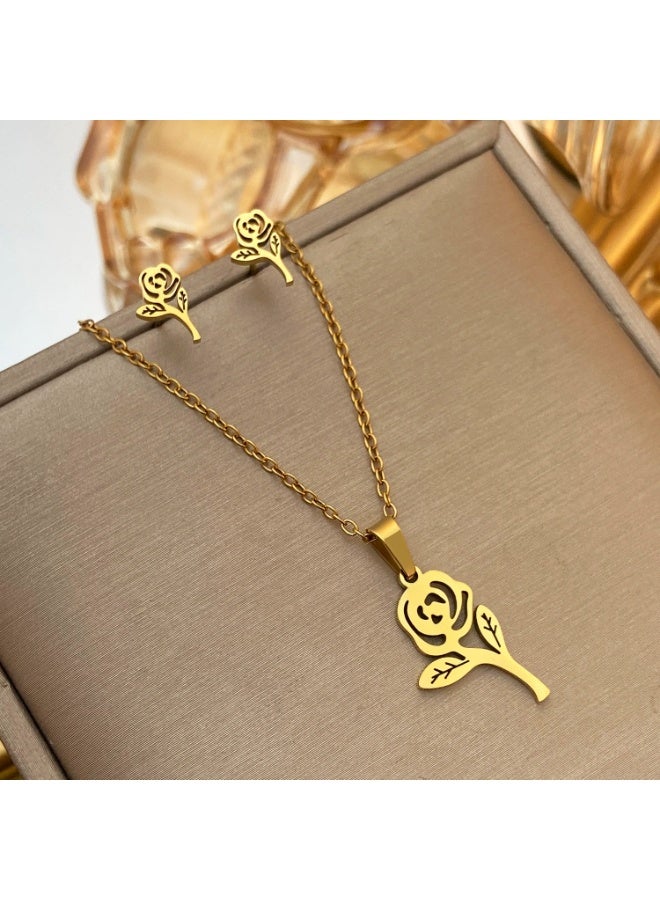 جلوسكي Stainless Steel Rose Jewelry Set – 3PCS Geometric Stud Earrings  Pendant Necklace, Minimalist Daily Wear for Women - Image 5