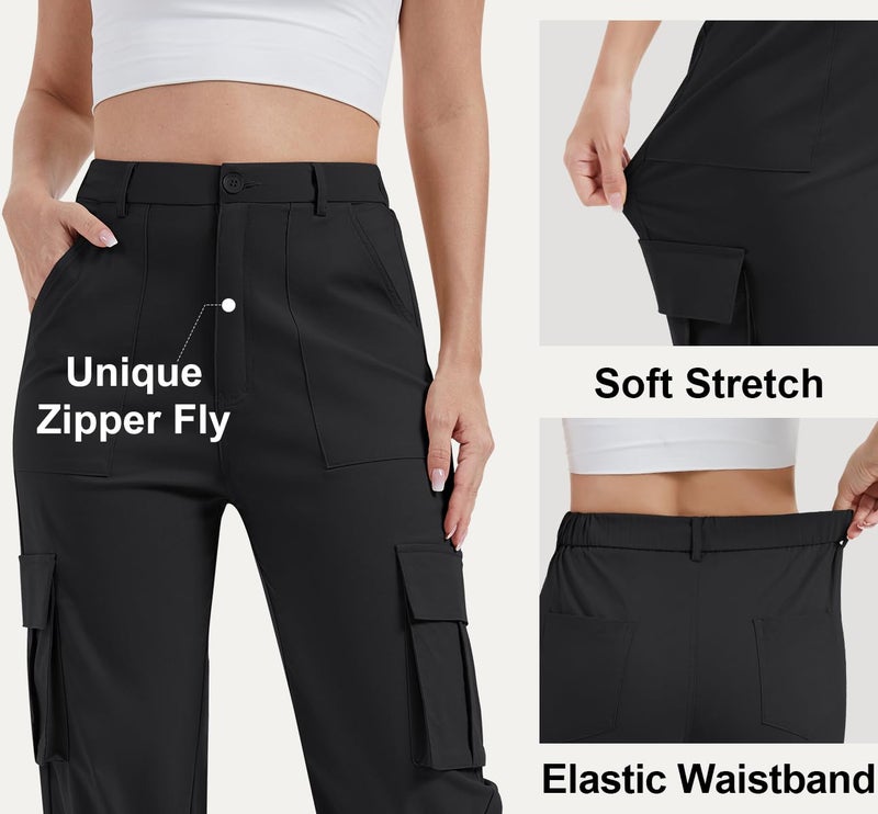 AVAMO Cargo Pants for Women with Pockets High Waist Lightweight Stretchy Hiking Casual Streetwear Baggy Wide Leg Pants Black L - Image 5