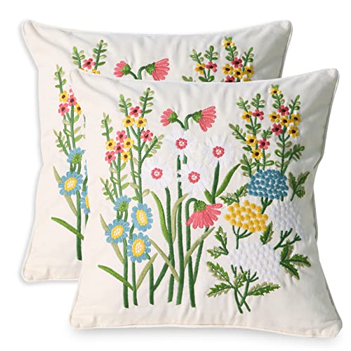 Pilmandu Set of 2 Embroidered Decorative Throw Pillow Covers Couch Square Pillowcases Cushion for Bedroom Sofa Farmhouse Decor 18x18 Inch Daisy