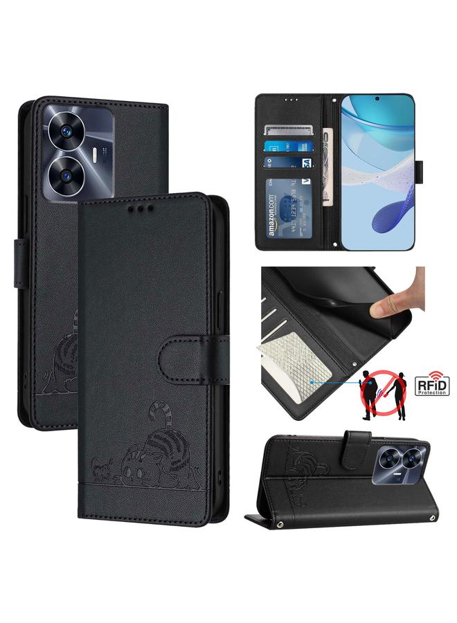 S-TOP Case For Realme C55 4G Global Cat Rat Embossed Pattern RFID Leather Phone Case with Lanyard - Image 1