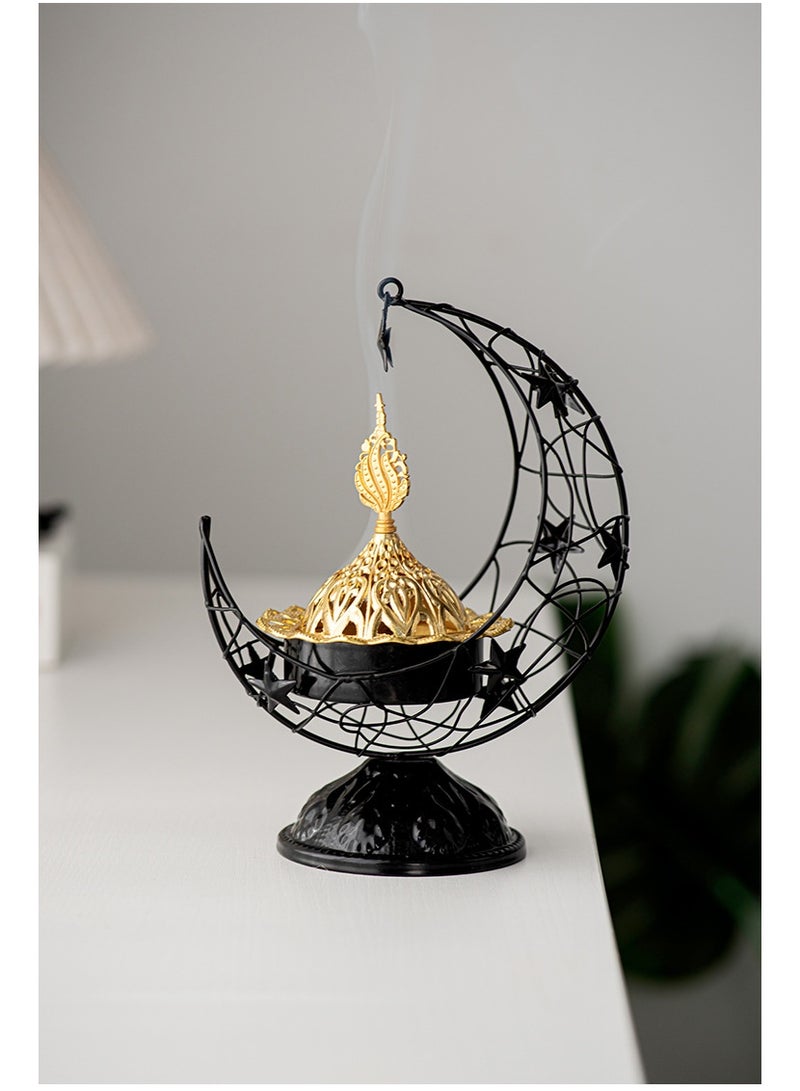Handheld Crescent Moon Metal Incense Burner, Black & Gold Tabletop Aromatherapy Ornament with Handle and Base - Image 3