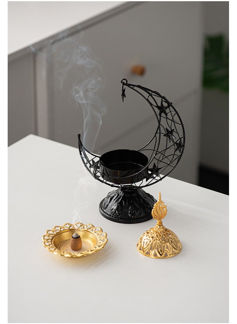 Handheld Crescent Moon Metal Incense Burner, Black & Gold Tabletop Aromatherapy Ornament with Handle and Base - Image 5