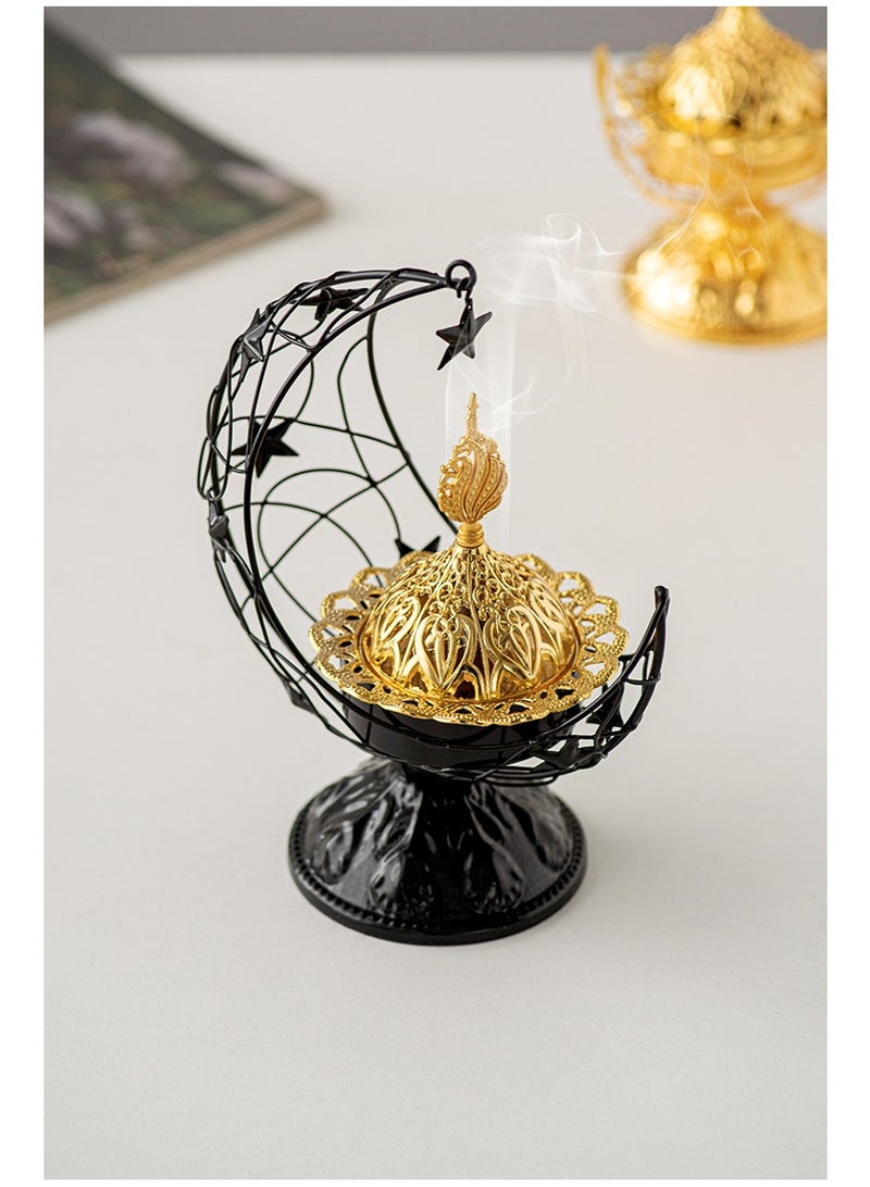 Handheld Crescent Moon Metal Incense Burner, Black & Gold Tabletop Aromatherapy Ornament with Handle and Base - Image 4