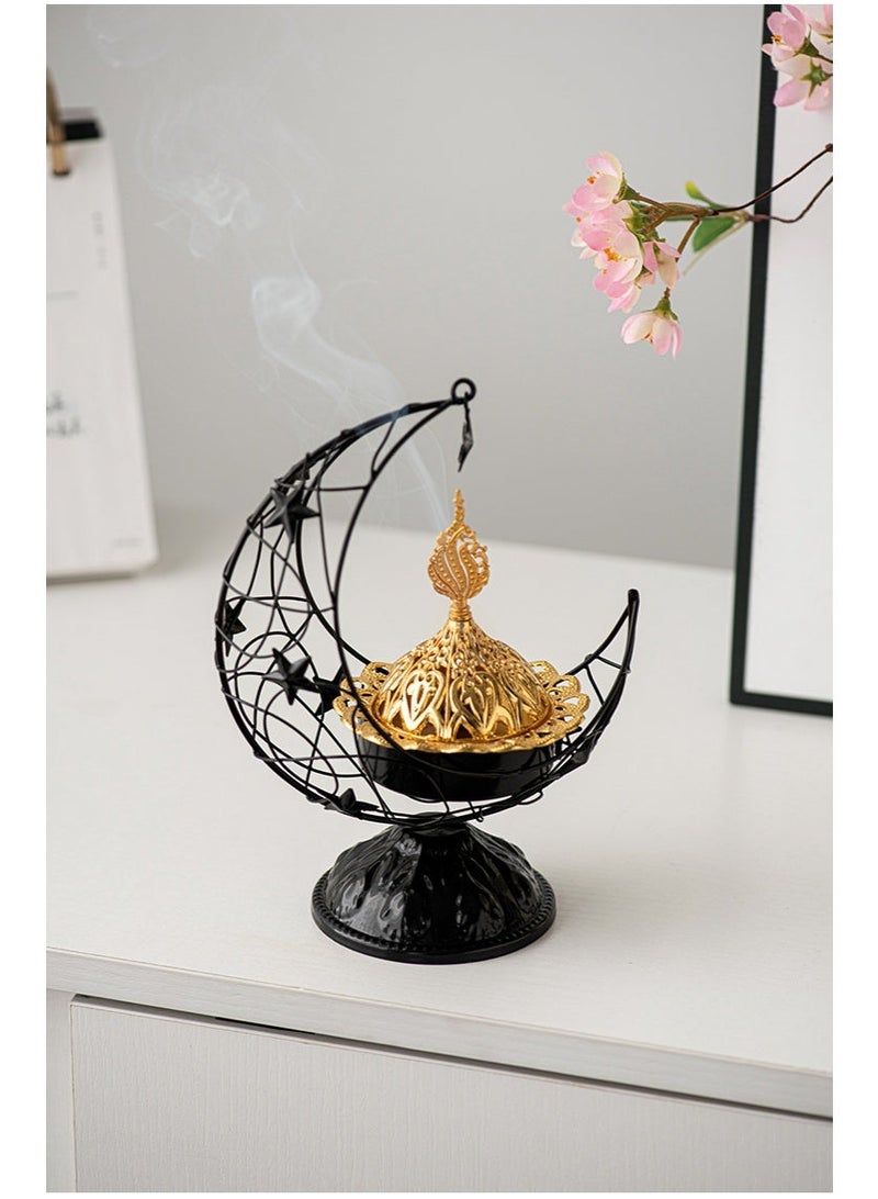Handheld Crescent Moon Metal Incense Burner, Black & Gold Tabletop Aromatherapy Ornament with Handle and Base - Image 1