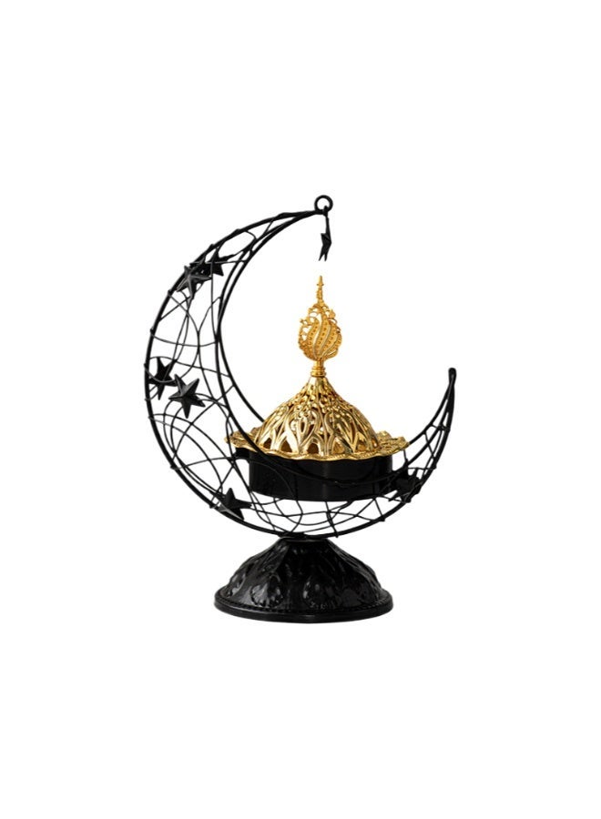 Handheld Crescent Moon Metal Incense Burner, Black & Gold Tabletop Aromatherapy Ornament with Handle and Base - Image 2