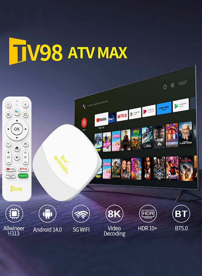 تلفزيون جهاز تلفاز ذكي 8K Smart TV Box Android 14 Quad Core ARM Cortex A53 مع 2.4G/5G Wifi6 وجهاز تحكم عن بعد (أبيض) - Image 3