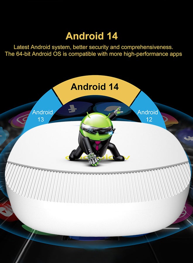 تلفزيون جهاز تلفاز ذكي 8K Smart TV Box Android 14 Quad Core ARM Cortex A53 مع 2.4G/5G Wifi6 وجهاز تحكم عن بعد (أبيض) - Image 4