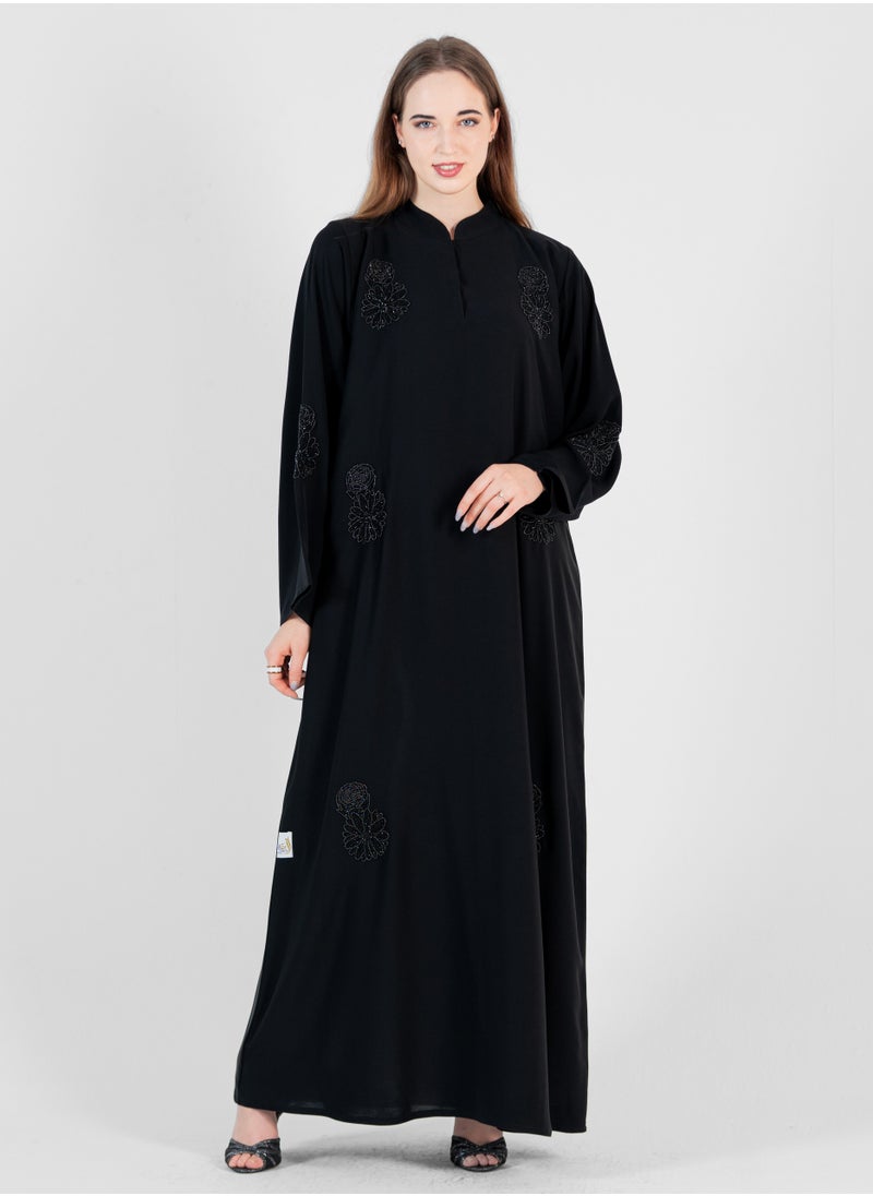Rosette Abaya High neck closed abaya with hand embroidered black flowers and wide sleeves  - Image 1