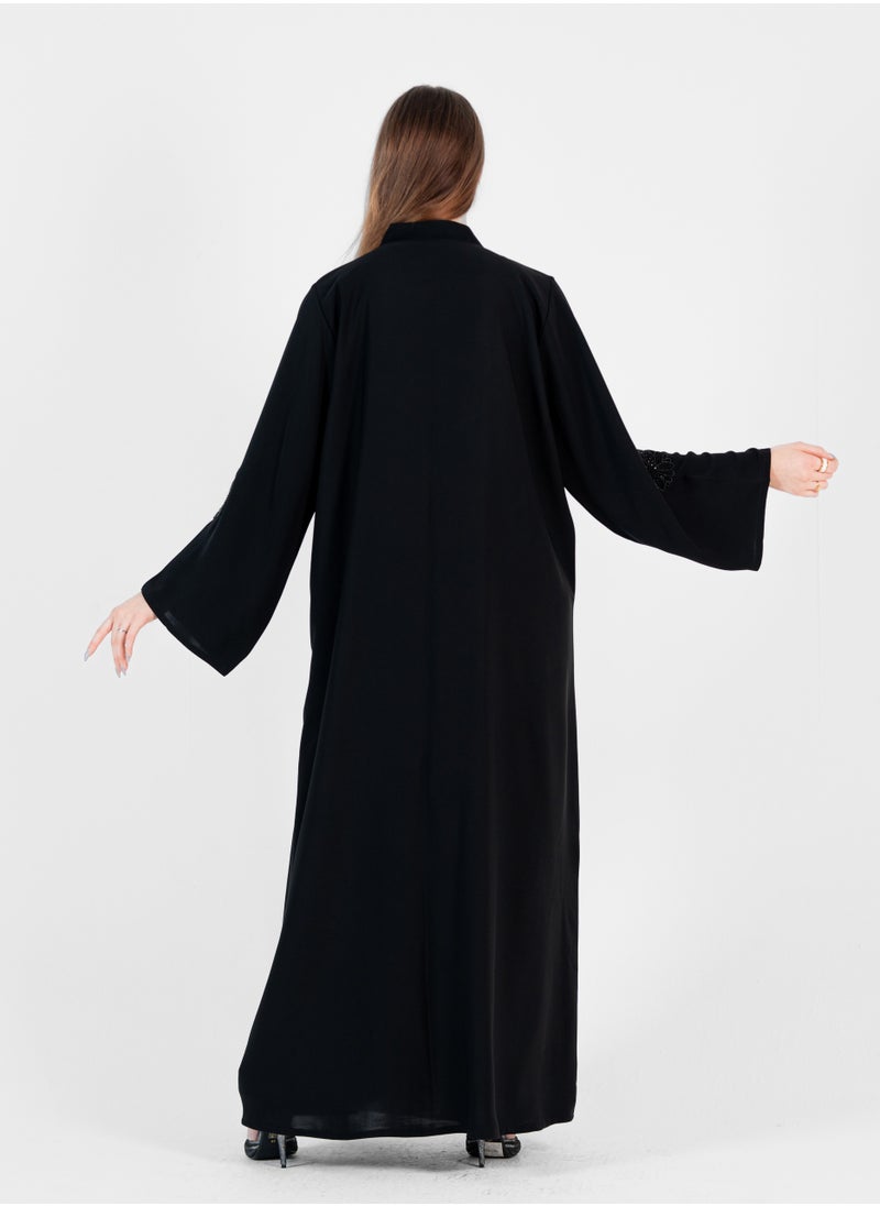 Rosette Abaya High neck closed abaya with hand embroidered black flowers and wide sleeves  - Image 2