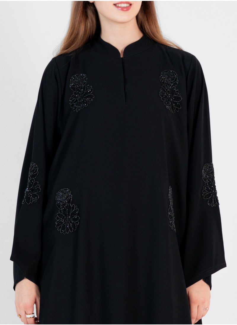 Rosette Abaya High neck closed abaya with hand embroidered black flowers and wide sleeves  - Image 3