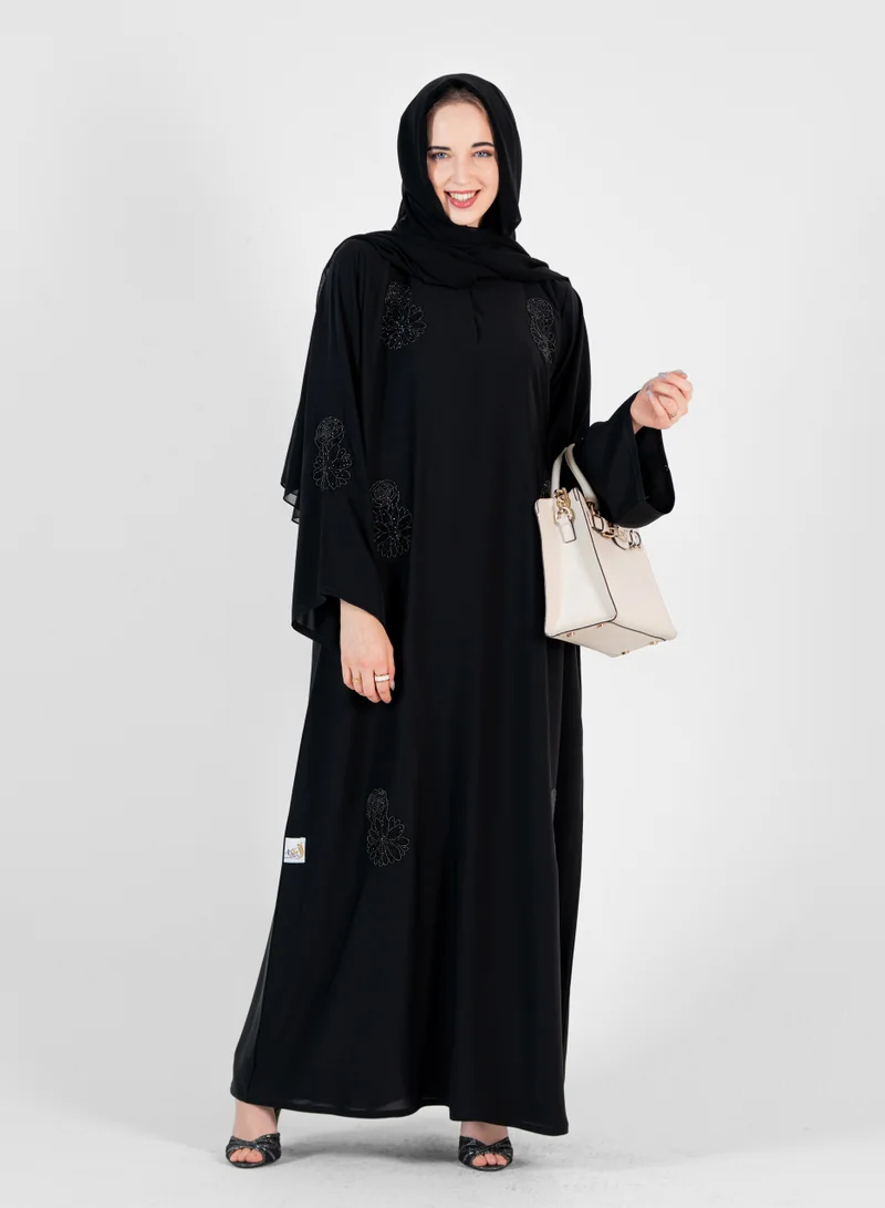 Rosette Abaya High neck closed abaya with hand embroidered black flowers and wide sleeves