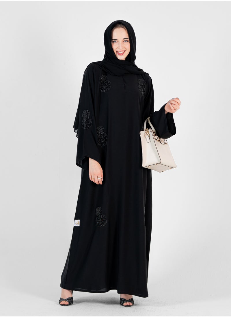 Rosette Abaya High neck closed abaya with hand embroidered black flowers and wide sleeves  - Image 4