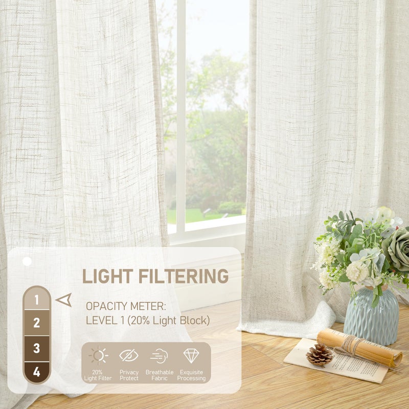 LAMIT Ivory 90 Inches Long Linen Sheer Curtains for Living Room, Back Tab and Rod Pocket Nautral Curtains Light Filtering Boho Panels for Bedroom/Dining Room, Set of 2, 52 x 90 Inch - Image 4