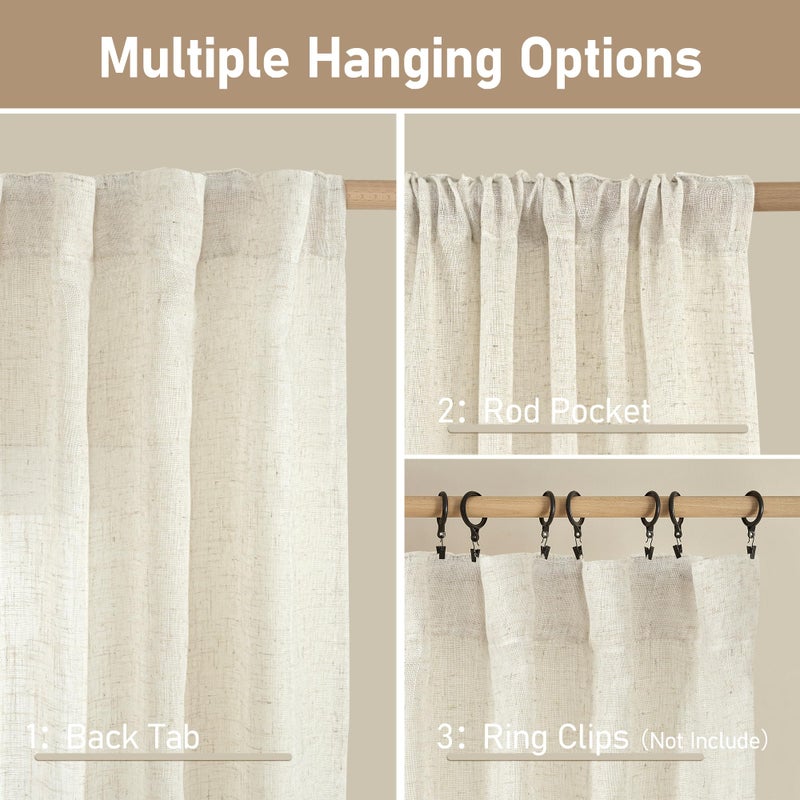 LAMIT Ivory 90 Inches Long Linen Sheer Curtains for Living Room, Back Tab and Rod Pocket Nautral Curtains Light Filtering Boho Panels for Bedroom/Dining Room, Set of 2, 52 x 90 Inch - Image 2
