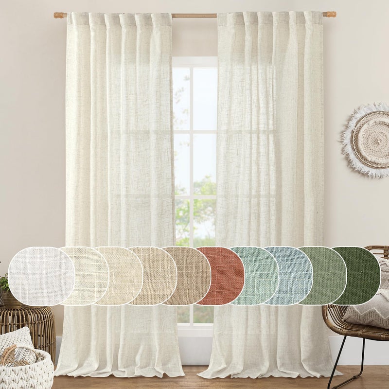 LAMIT Ivory 90 Inches Long Linen Sheer Curtains for Living Room, Back Tab and Rod Pocket Nautral Curtains Light Filtering Boho Panels for Bedroom/Dining Room, Set of 2, 52 x 90 Inch - Image 1
