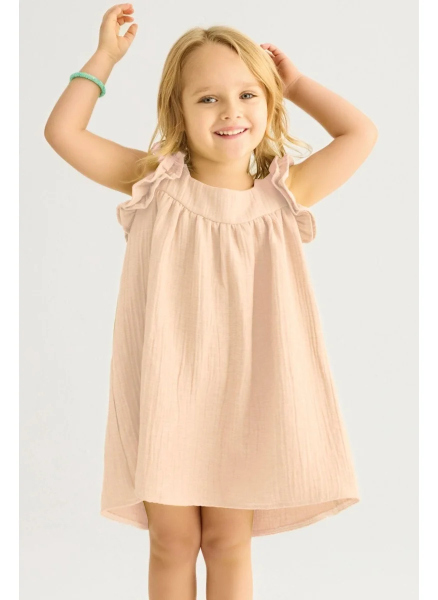 Zepkids Wide Pleated Square Neck Beige Color Girl Dress
