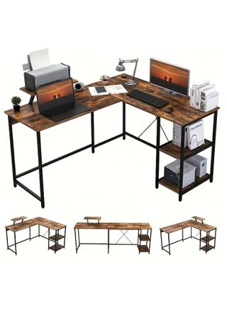 L-shaped corner desk in antique brown for home or office. It can be used as a study desk, computer desk, gaming table, studio table, or writer's table. It is a reversible corner desk. You can install shelves on the right or left as you wish. The shelves have ample space for your books, files, fax machine, or desktop computer. Adjustable legs in case the floor is uneven. X-shaped metal supports ensure stability and do not shake. A side fabric bag is included for storing small items to reduce clutter on the desktop. There is an additional shelf on the desk that serves as a monitor or printer stand for organization and space saving. Easy to clean, waterproof, and scratch-resistant. Easy to assemble and install. Perfect size for the office, and all your items are at your fingertips. Adaptable to different surfaces and fits in with most decors - pzsku/ZFE059B7112AEA98217A0Z/45/1745760323/4f1da5ce-99c0-4bc3-a64a-fff0fa5fd279
