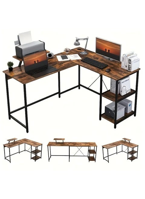 L-shaped corner desk in antique brown for home or office. It can be used as a study desk, computer desk, gaming table, studio table, or writer's table. It is a reversible corner desk. You can install shelves on the right or left as you wish. The shelves have ample space for your books, files, fax machine, or desktop computer. Adjustable legs in case the floor is uneven. X-shaped metal supports ensure stability and do not shake. A side fabric bag is included for storing small items to reduce clutter on the desktop. There is an additional shelf on the desk that serves as a monitor or printer stand for organization and space saving. Easy to clean, waterproof, and scratch-resistant. Easy to assemble and install. Perfect size for the office, and all your items are at your fingertips. Adaptable to different surfaces and fits in with most decors
