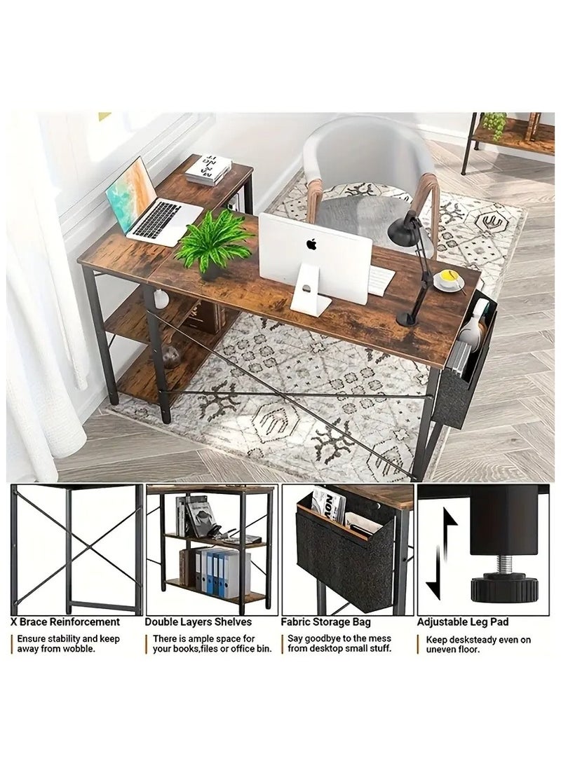 L-shaped corner desk in antique brown for home or office. It can be used as a study desk, computer desk, gaming table, studio table, or writer's table. It is a reversible corner desk. You can install shelves on the right or left as you wish. The shelves have ample space for your books, files, fax machine, or desktop computer. Adjustable legs in case the floor is uneven. X-shaped metal supports ensure stability and do not shake. A side fabric bag is included for storing small items to reduce clutter on the desktop. There is an additional shelf on the desk that serves as a monitor or printer stand for organization and space saving. Easy to clean, waterproof, and scratch-resistant. Easy to assemble and install. Perfect size for the office, and all your items are at your fingertips. Adaptable to different surfaces and fits in with most decors