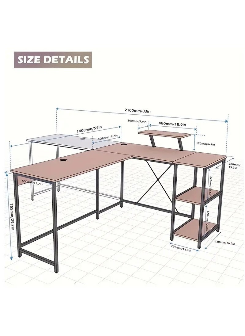 L-shaped corner desk in antique brown for home or office. It can be used as a study desk, computer desk, gaming table, studio table, or writer's table. It is a reversible corner desk. You can install shelves on the right or left as you wish. The shelves have ample space for your books, files, fax machine, or desktop computer. Adjustable legs in case the floor is uneven. X-shaped metal supports ensure stability and do not shake. A side fabric bag is included for storing small items to reduce clutter on the desktop. There is an additional shelf on the desk that serves as a monitor or printer stand for organization and space saving. Easy to clean, waterproof, and scratch-resistant. Easy to assemble and install. Perfect size for the office, and all your items are at your fingertips. Adaptable to different surfaces and fits in with most decors